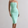 My Girl | Iced Green Strapless Bodycon Ruched Mesh Midi Dress