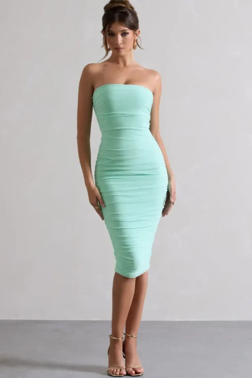 My Girl | Iced Green Strapless Bodycon Ruched Mesh Midi Dress