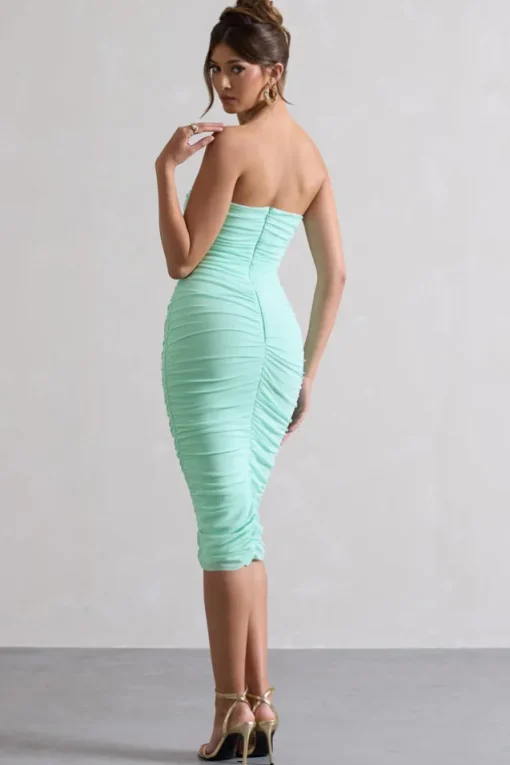 My Girl | Iced Green Strapless Bodycon Ruched Mesh Midi Dress