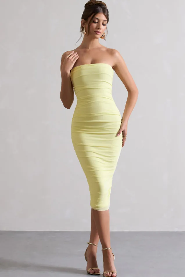 My Girl | Lemon Strapless Bodycon Ruched Mesh Midi Dress
