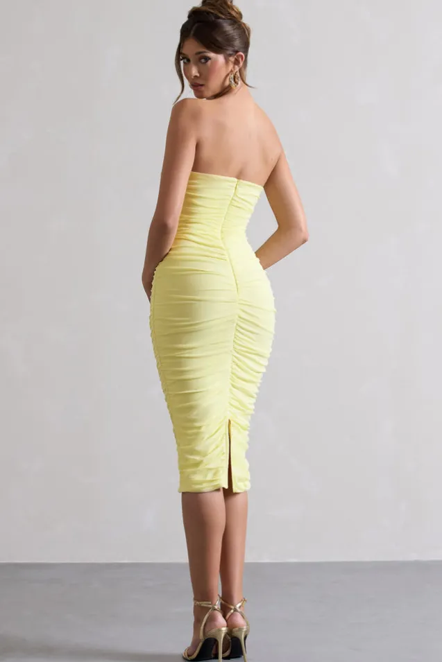 My Girl | Lemon Strapless Bodycon Ruched Mesh Midi Dress