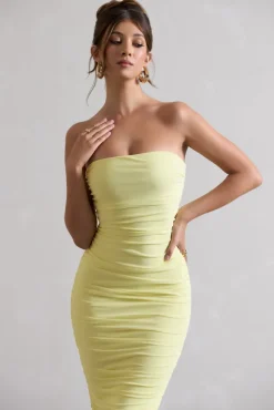 My Girl | Lemon Strapless Bodycon Ruched Mesh Midi Dress