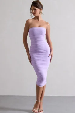 My Girl | Lilac Strapless Bodycon Ruched Mesh Midi Dress