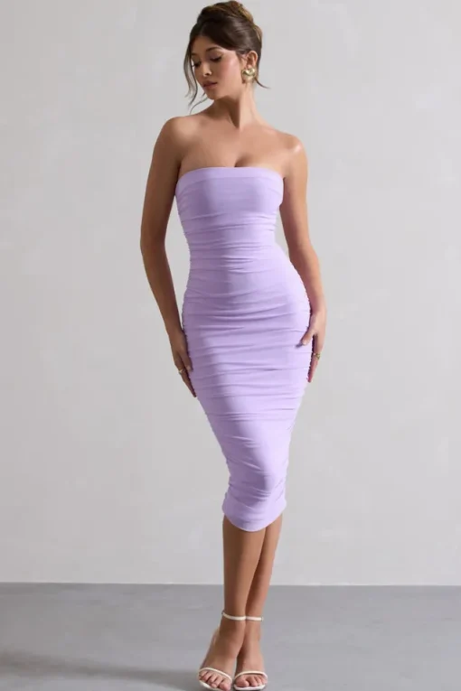 My Girl | Lilac Strapless Bodycon Ruched Mesh Midi Dress