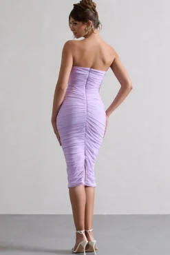 My Girl | Lilac Strapless Bodycon Ruched Mesh Midi Dress