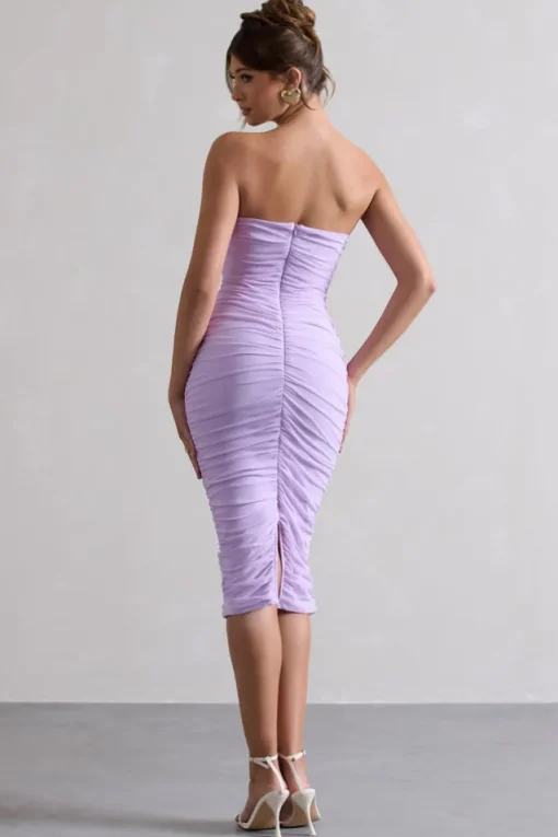 My Girl | Lilac Strapless Bodycon Ruched Mesh Midi Dress