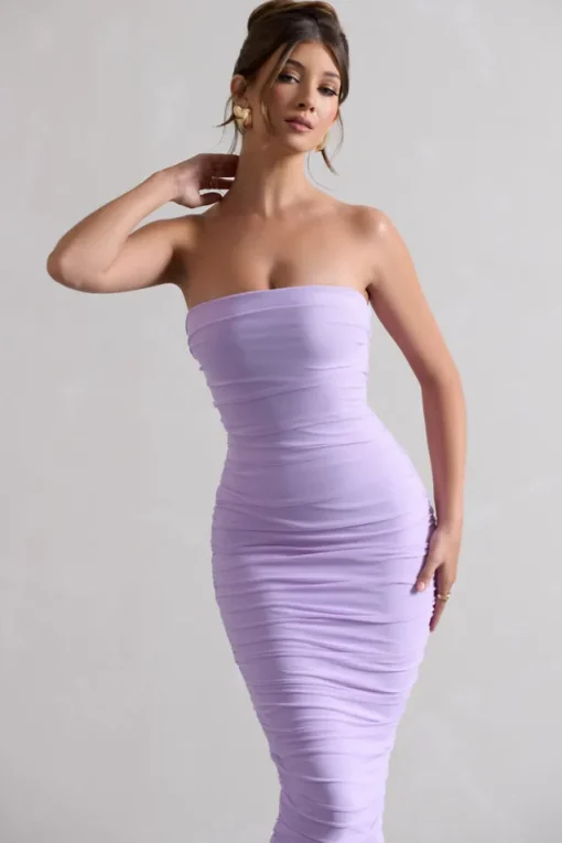 My Girl | Lilac Strapless Bodycon Ruched Mesh Midi Dress
