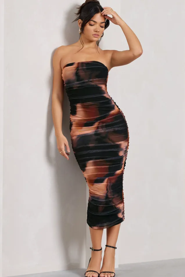 My Girl | Orange Smoke Print Strapless Bodycon Ruched Mesh Midi Dress