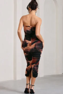 My Girl | Orange Smoke Print Strapless Bodycon Ruched Mesh Midi Dress