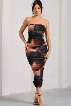 My Girl | Orange Smoke Print Strapless Bodycon Ruched Mesh Midi Dress