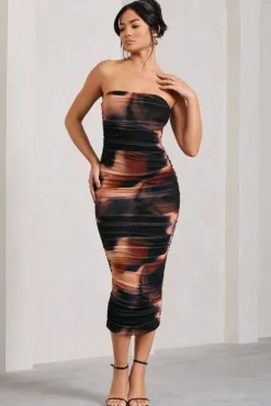 My Girl | Orange Smoke Print Strapless Bodycon Ruched Mesh Midi Dress