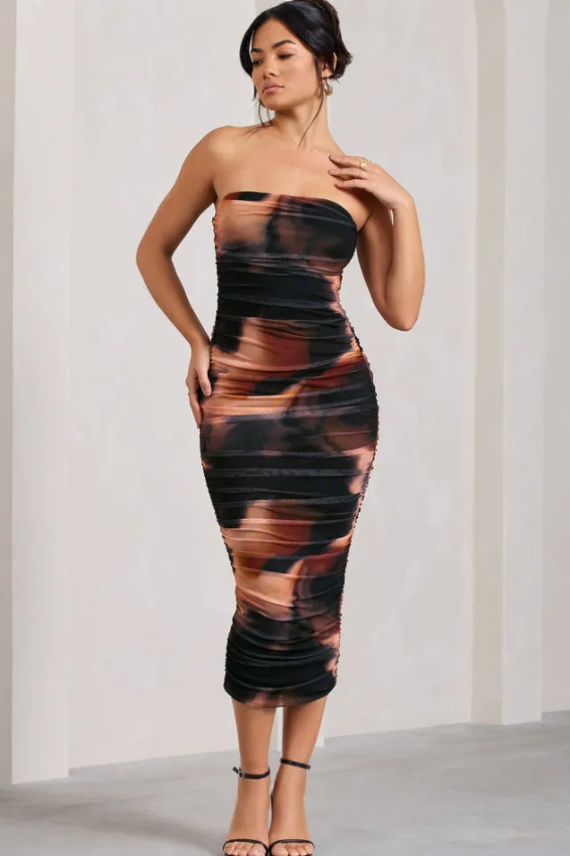 My Girl | Orange Smoke Print Strapless Bodycon Ruched Mesh Midi Dress