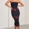 My Girl | Plum Print Strapless Bodycon Ruched Mesh Midi Dress