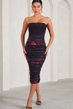 My Girl | Plum Print Strapless Bodycon Ruched Mesh Midi Dress