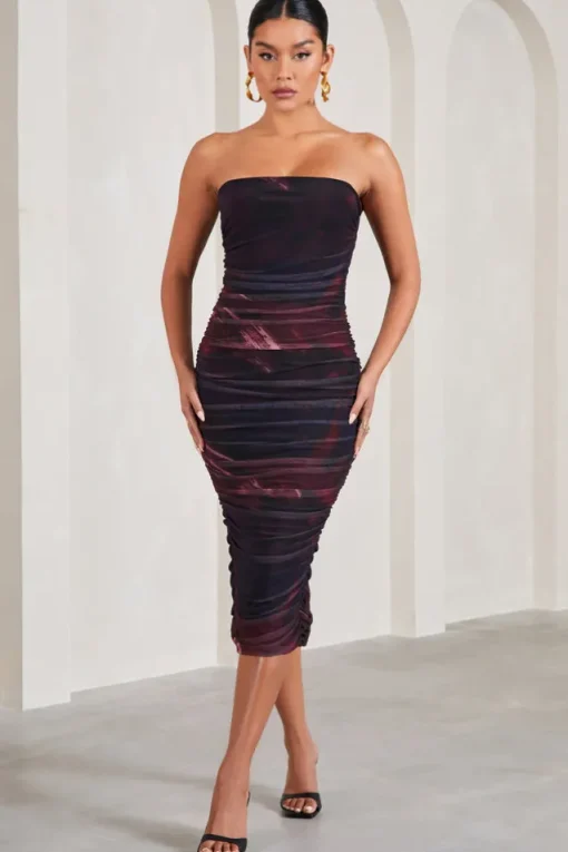 My Girl | Plum Print Strapless Bodycon Ruched Mesh Midi Dress