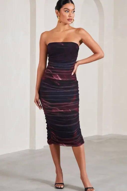 My Girl | Plum Print Strapless Bodycon Ruched Mesh Midi Dress
