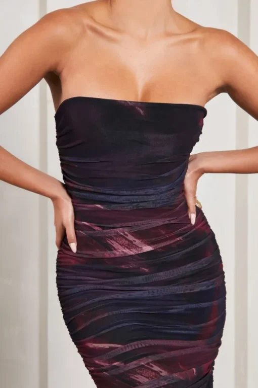 My Girl | Plum Print Strapless Bodycon Ruched Mesh Midi Dress