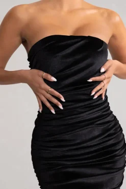 My Lady | Black Velvet Strapless Bodycon Ruched Mesh Maxi Dress