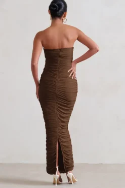 My Lady | Chocolate Maternity Brown Strapless Bodycon Ruched Mesh Maxi Dress