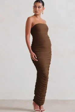 My Lady | Chocolate Maternity Brown Strapless Bodycon Ruched Mesh Maxi Dress