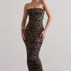 My Lady | Leopard Print Strapless Bodycon Ruched Mesh Midi Dress