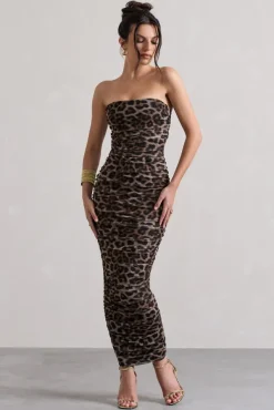 My Lady | Leopard Print Strapless Bodycon Ruched Mesh Midi Dress