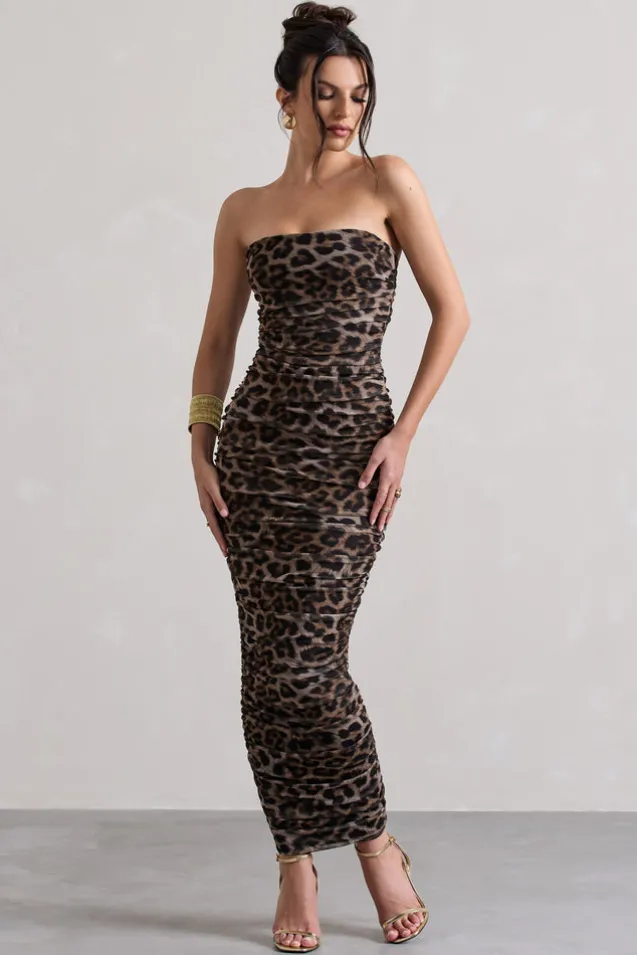 My Lady | Leopard Print Strapless Bodycon Ruched Mesh Midi Dress