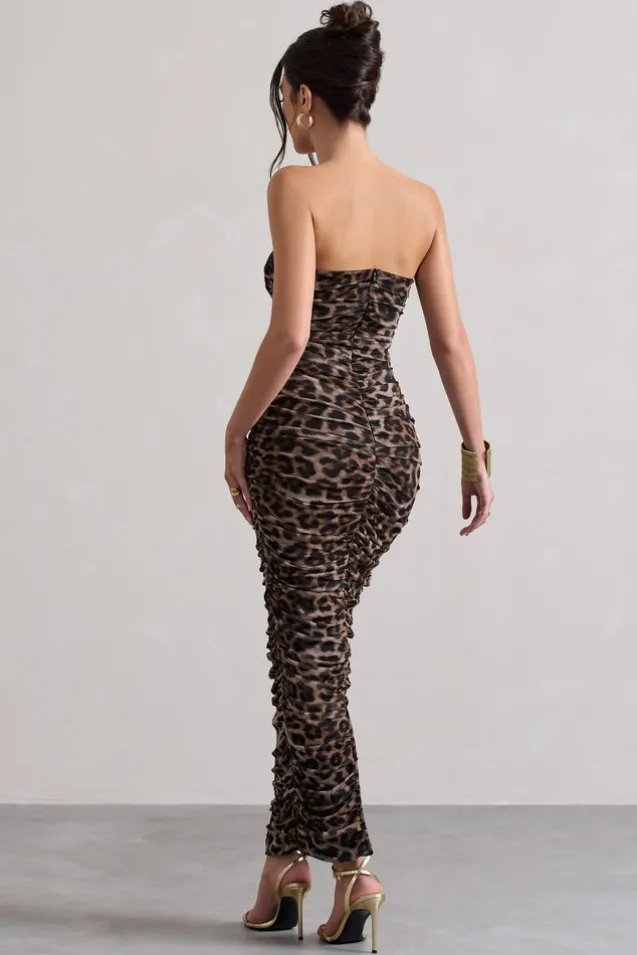 My Lady | Leopard Print Strapless Bodycon Ruched Mesh Midi Dress