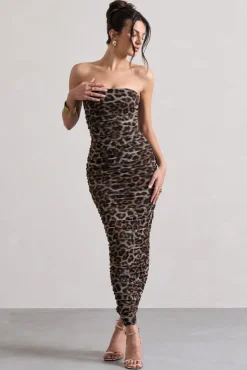 My Lady | Leopard Print Strapless Bodycon Ruched Mesh Midi Dress
