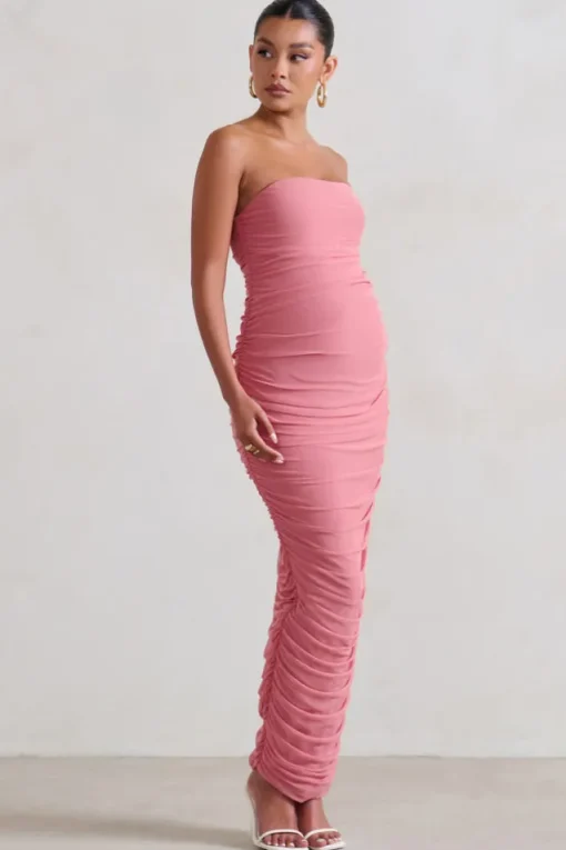 My Lady | Maternity Blush Pink Strapless Bodycon Ruched Mesh Maxi Dress