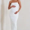 My Lady | Maternity White Strapless Bodycon Ruched Mesh Maxi Dress