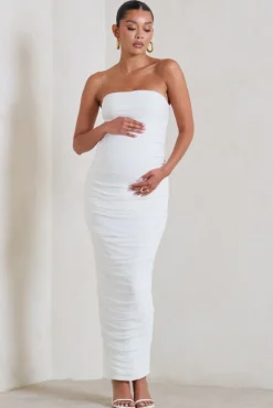 My Lady | Maternity White Strapless Bodycon Ruched Mesh Maxi Dress