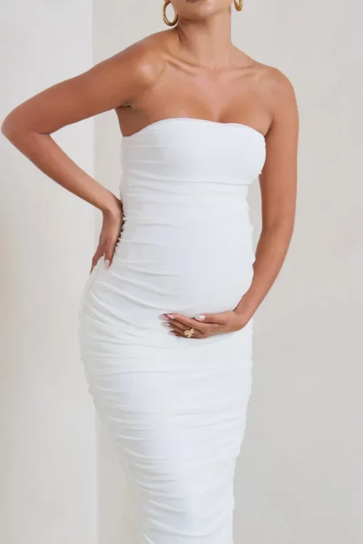 My Lady | Maternity White Strapless Bodycon Ruched Mesh Maxi Dress