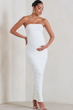 My Lady | Maternity White Strapless Bodycon Ruched Mesh Maxi Dress