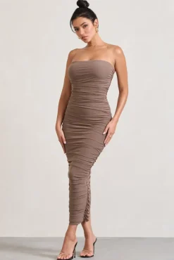 My Lady | Mocha Strapless Bodycon Ruched Mesh Maxi Dress