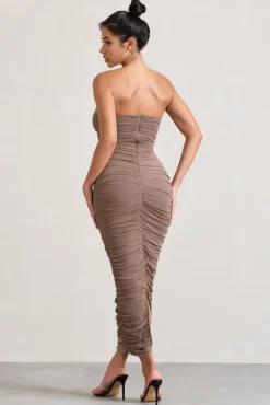My Lady | Mocha Strapless Bodycon Ruched Mesh Maxi Dress