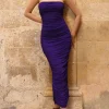 My Lady | Purple Strapless Bodycon Ruched Mesh Maxi Dress