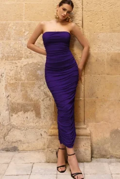 My Lady | Purple Strapless Bodycon Ruched Mesh Maxi Dress
