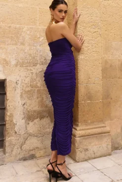 My Lady | Purple Strapless Bodycon Ruched Mesh Maxi Dress