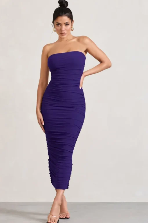 My Lady | Purple Strapless Bodycon Ruched Mesh Maxi Dress