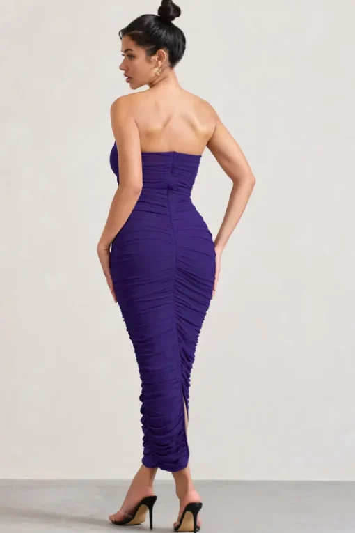 My Lady | Purple Strapless Bodycon Ruched Mesh Maxi Dress