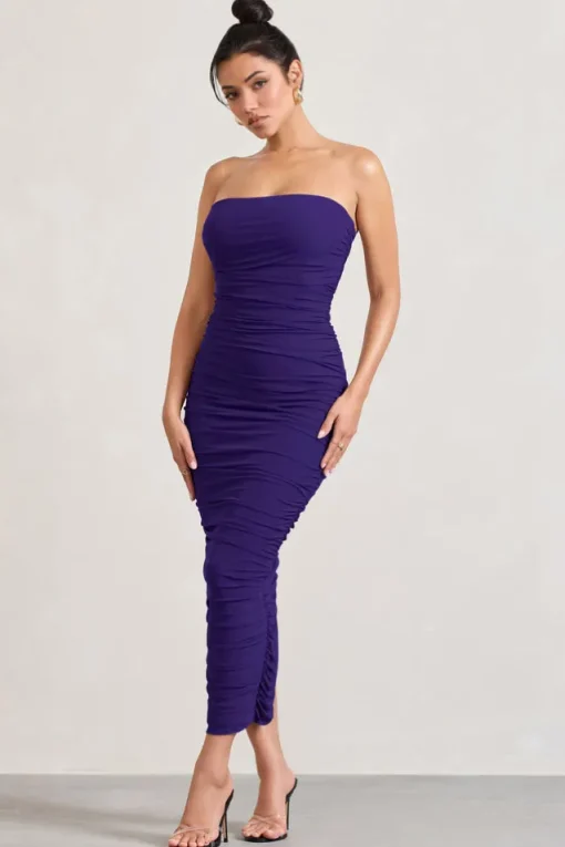 My Lady | Purple Strapless Bodycon Ruched Mesh Maxi Dress