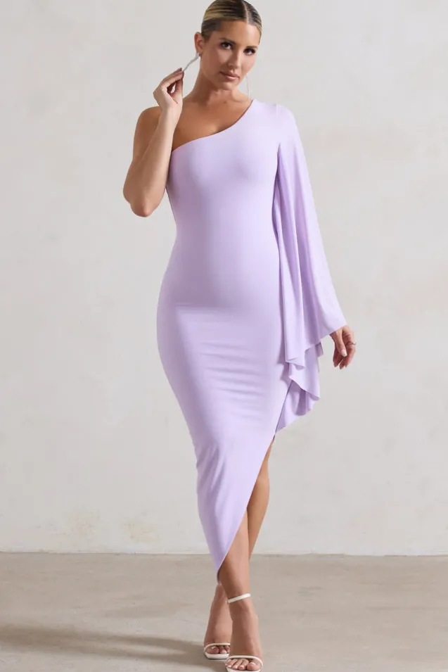 My Level | Lilac Asymmetric One Shoulder Cape Sleeve Midi Dress