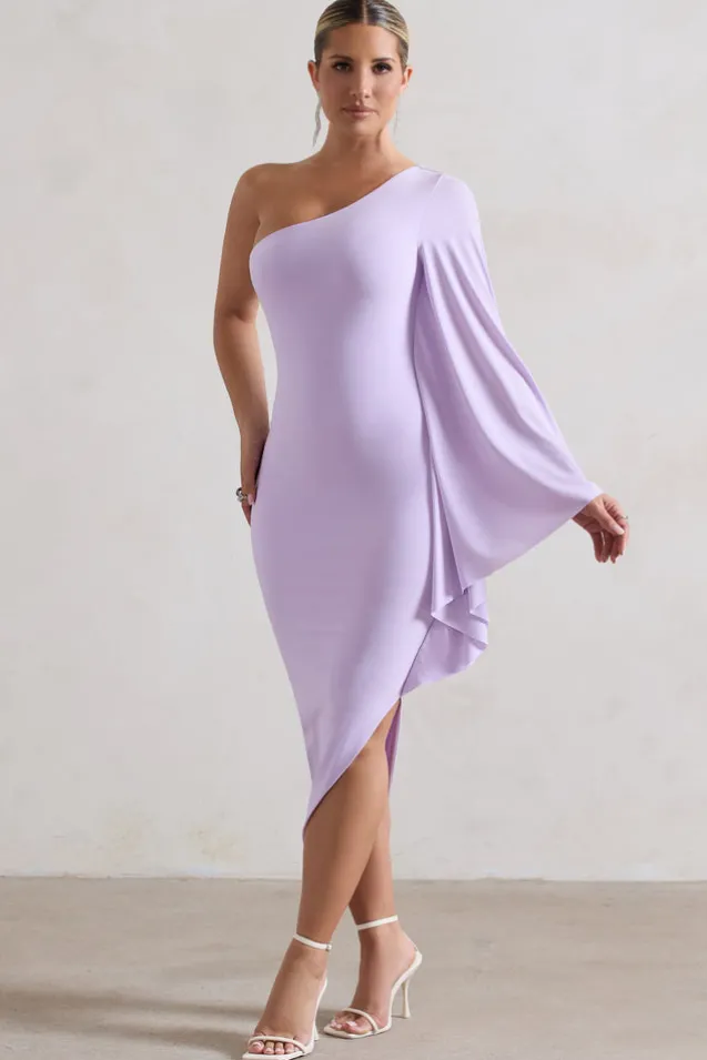 My Level | Lilac Asymmetric One Shoulder Cape Sleeve Midi Dress