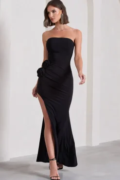 My Muse | Black Ruched Bandeau Split Maxi Dress With Flowers
