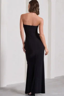 My Muse | Black Ruched Bandeau Split Maxi Dress With Flowers