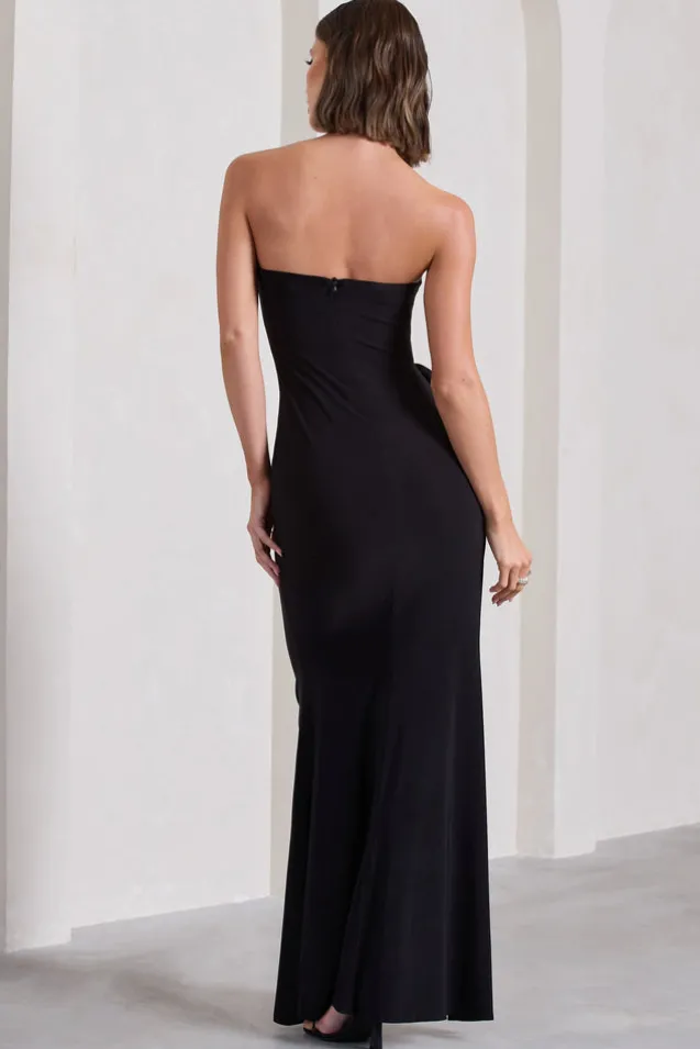 My Muse | Black Ruched Bandeau Split Maxi Dress With Flowers