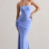 My Muse | Blue Ruched Bandeau Split Maxi Dress With Flowers