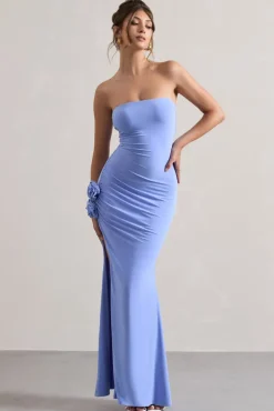 My Muse | Blue Ruched Bandeau Split Maxi Dress With Flowers