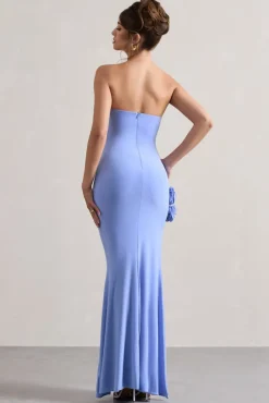 My Muse | Blue Ruched Bandeau Split Maxi Dress With Flowers
